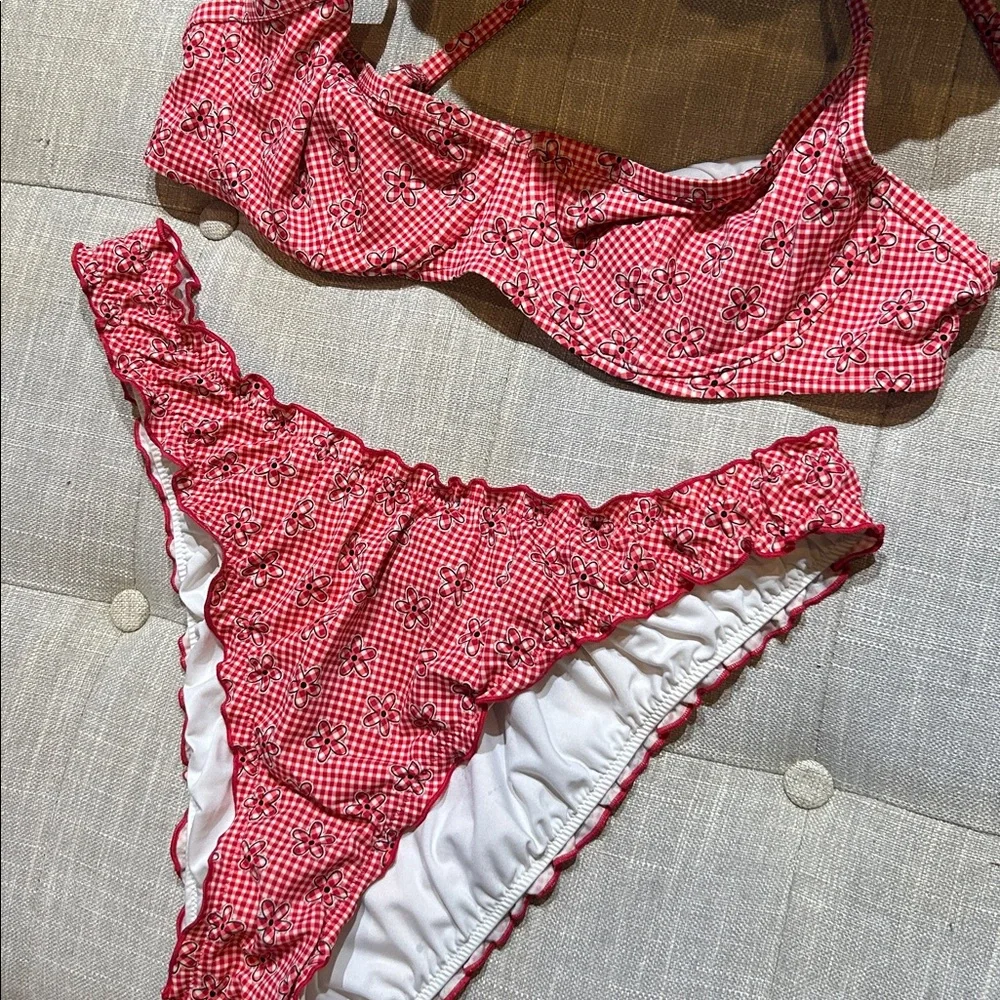 PINK By Frankies Bikinis Red Checkered Bikini Floral Bikini Top + Bottom Set